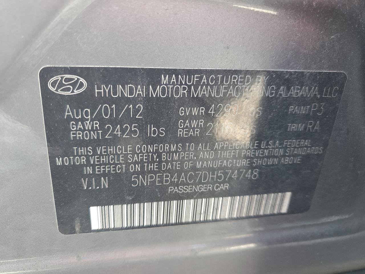 2013 Hyundai Sonata Gls VIN: 5NPEB4AC7DH574748 Lot: 90019285