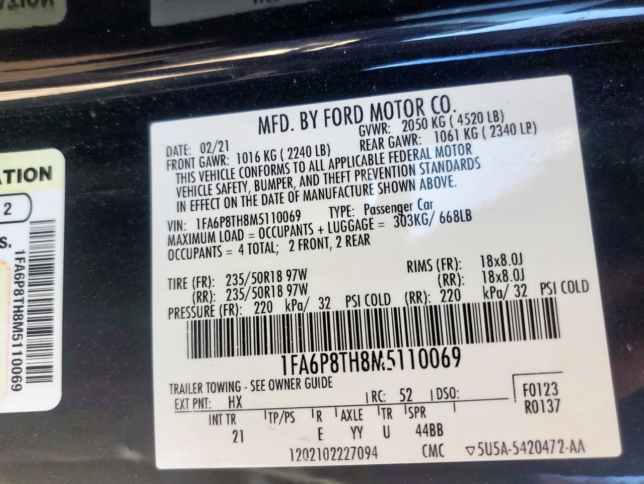 2021 Ford Mustang VIN: 1FA6P8TH8M5110069 Lot: 91000045