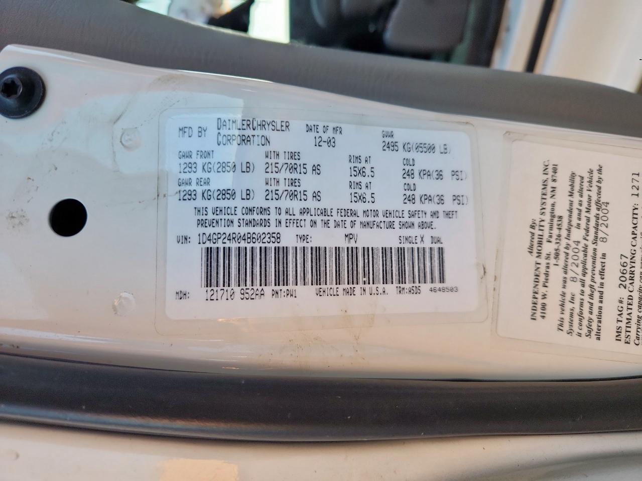 2004 Dodge Grand Caravan Se VIN: 1D4GP24R04B602358 Lot: 85598645