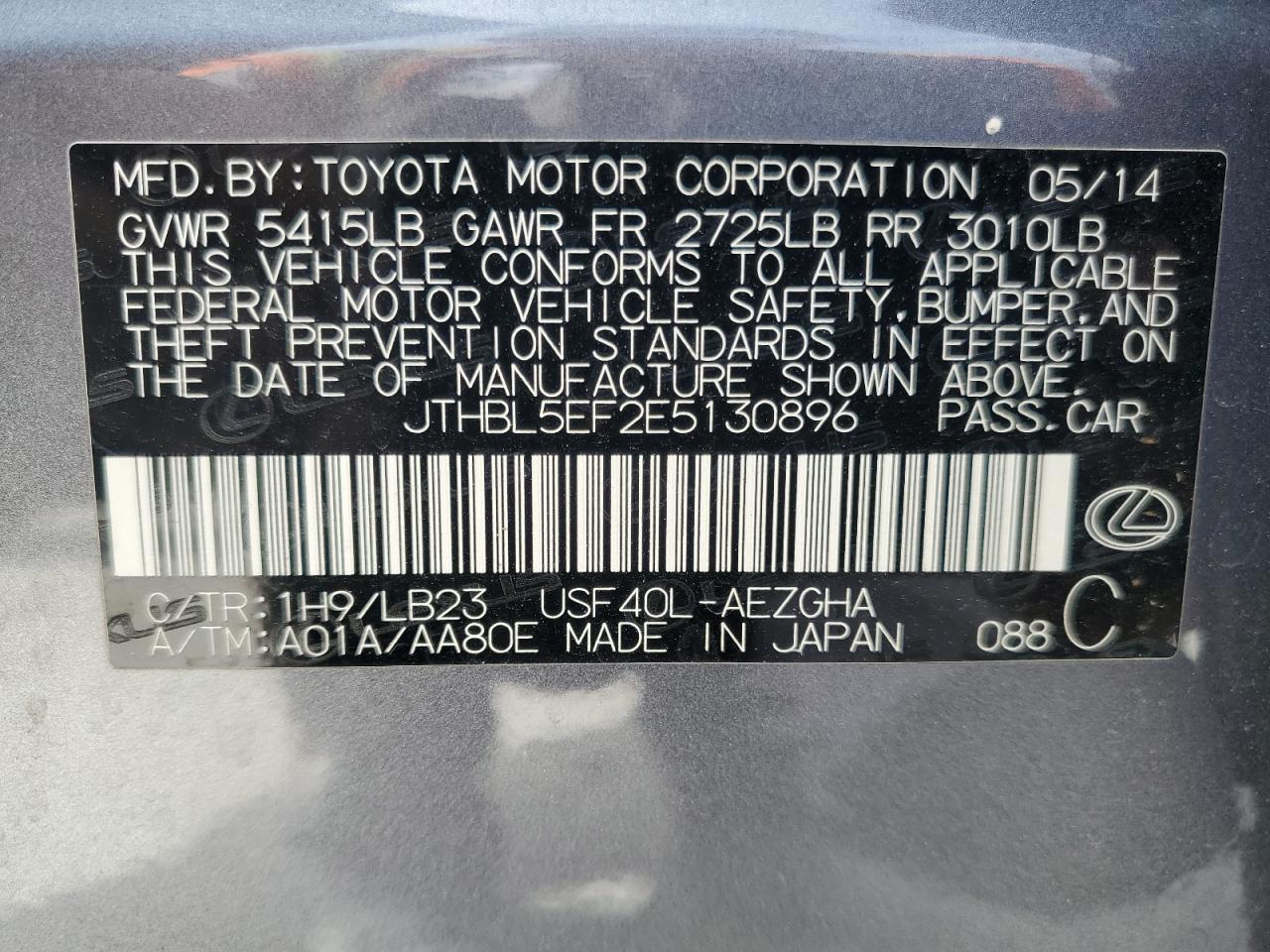 2014 Lexus Ls 460 VIN: JTHBL5EF2E5130896 Lot: 82220595