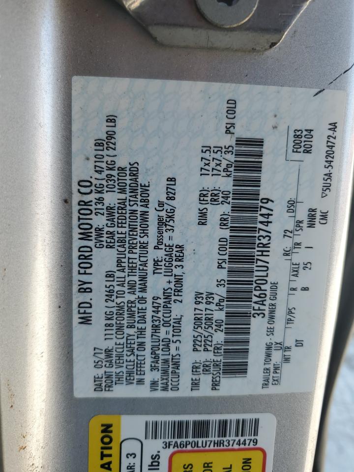 2017 Ford Fusion Se Hybrid VIN: 3FA6P0LU7HR374479 Lot: 86848395