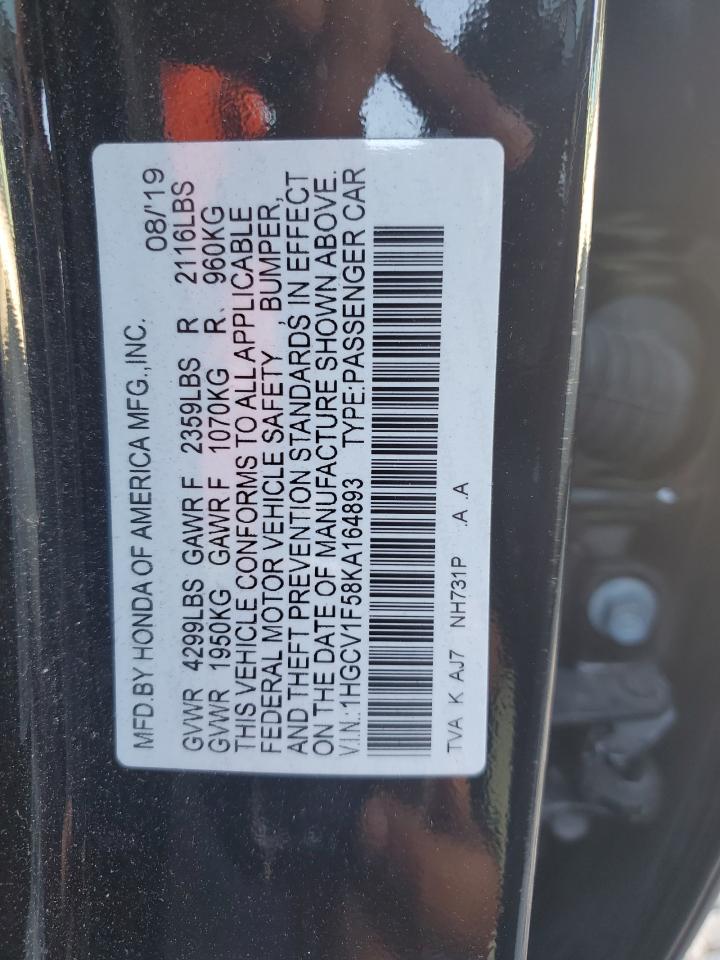 2019 Honda Accord Exl VIN: 1HGCV1F58KA164893 Lot: 85886475