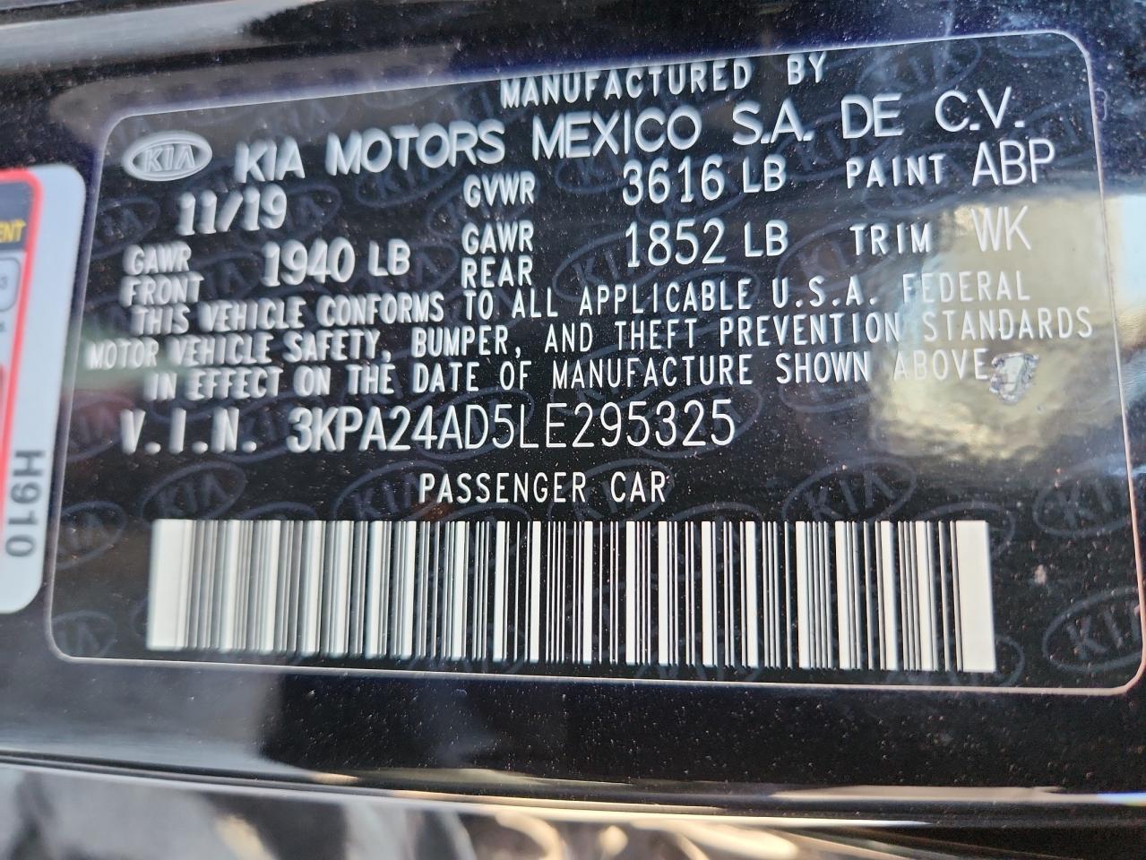 2020 Kia Rio Lx VIN: 3KPA24AD5LE295325 Lot: 86467505