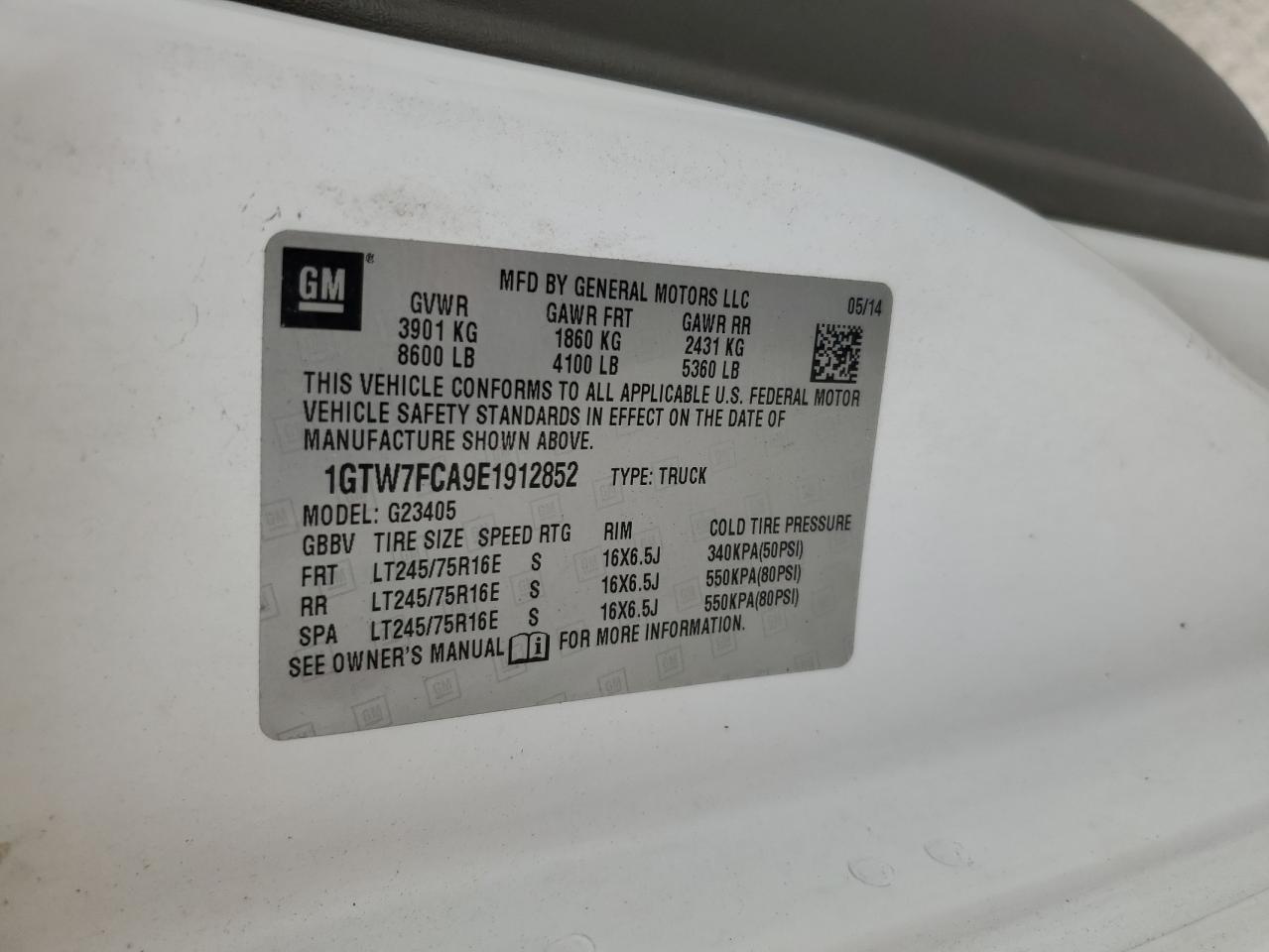 2014 GMC Savana G2500 VIN: 1GTW7FCA9E1912852 Lot: 86624095