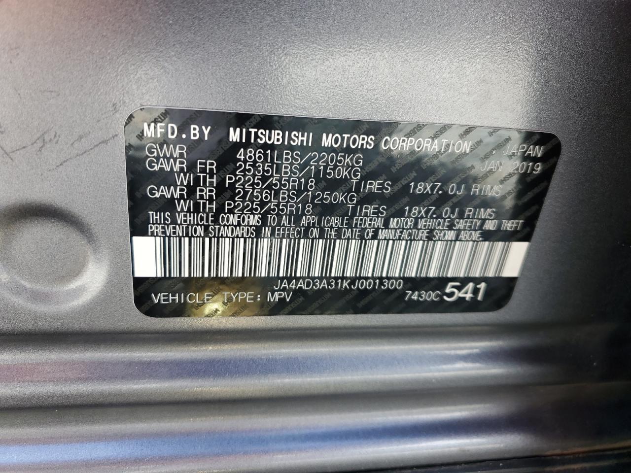 2019 Mitsubishi Outlander Se VIN: JA4AD3A31KJ001300 Lot: 85843705