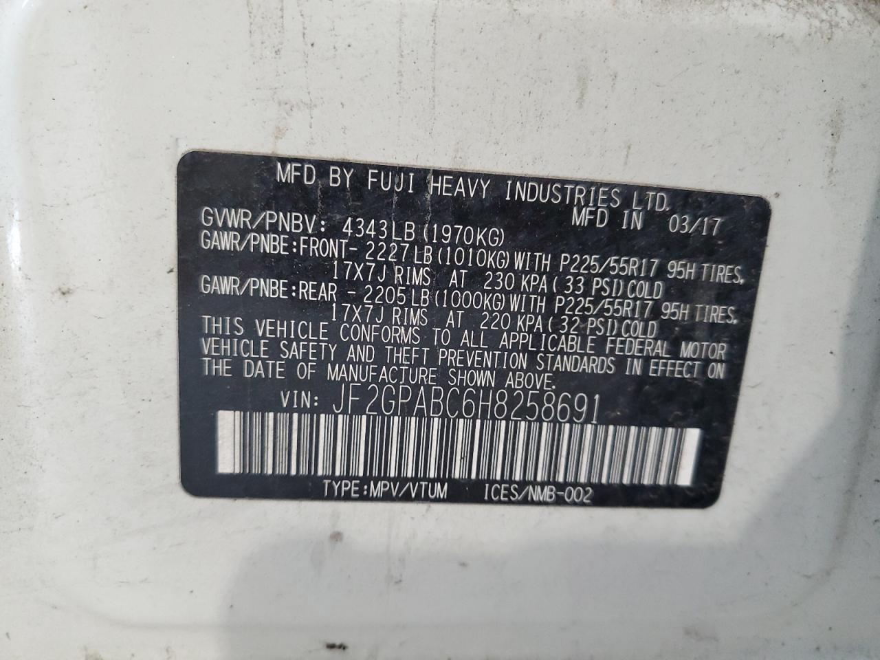 2017 Subaru Crosstrek Premium VIN: JF2GPABC6H8258691 Lot: 84918275