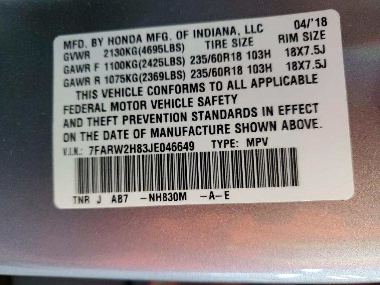 2018 Honda Cr-V Exl VIN: 7FARW2H83JE046649 Lot: 82287805