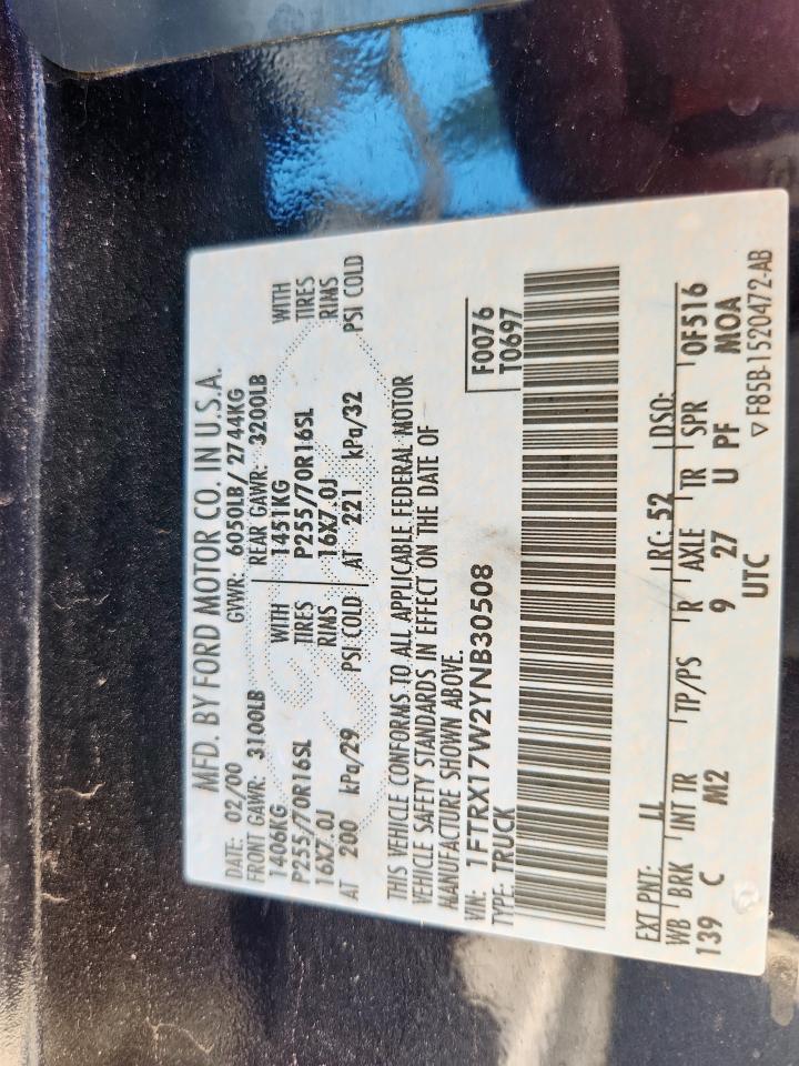 2000 Ford F150 VIN: 1FTRX17W2YNB30508 Lot: 90900165
