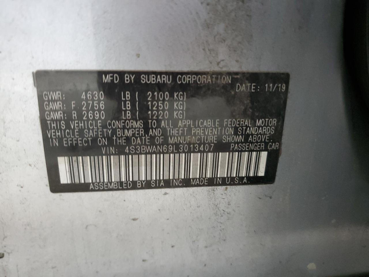 2020 Subaru Legacy Limited VIN: 4S3BWAN69L3013407 Lot: 85291195