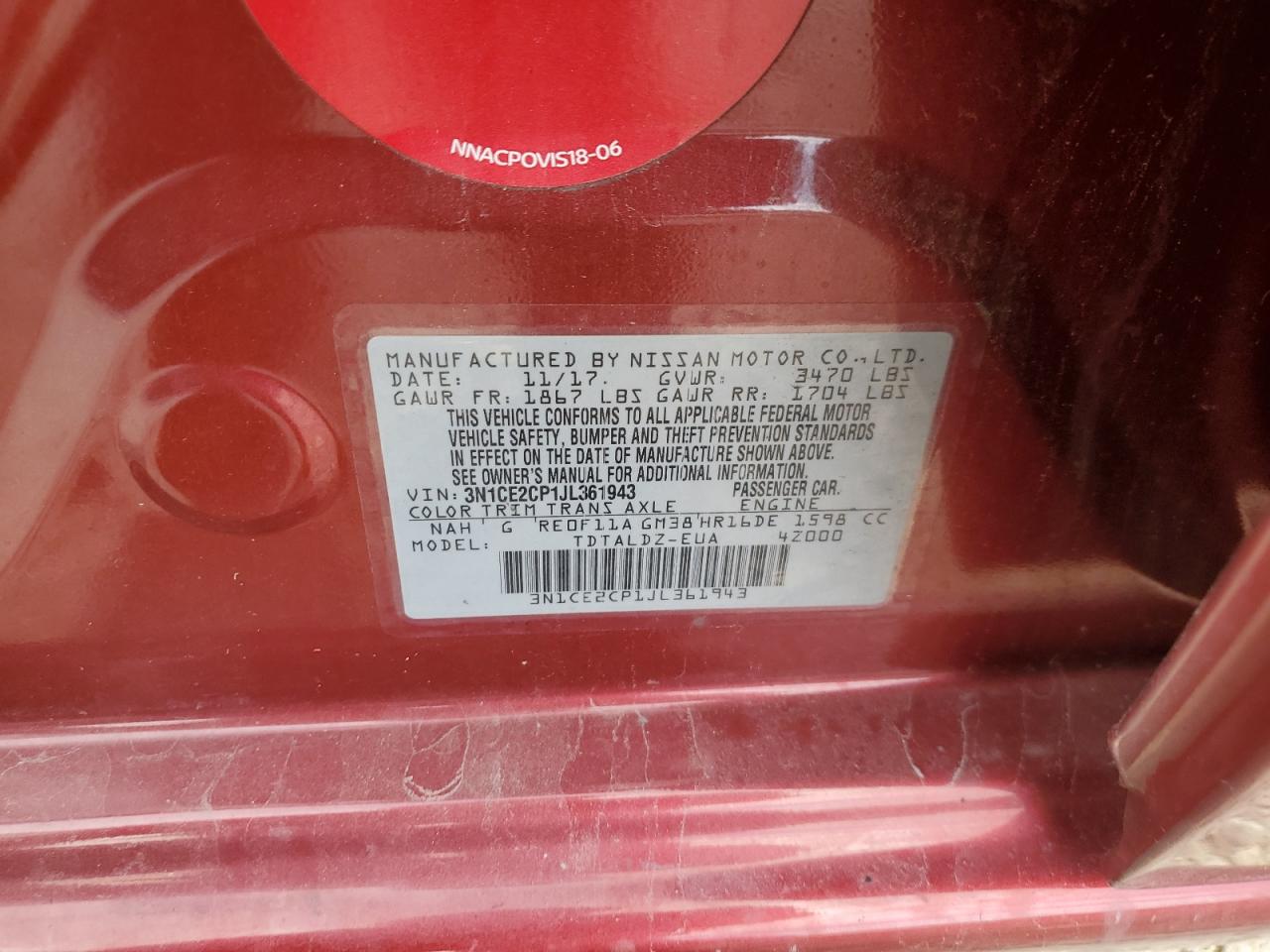 2018 Nissan Versa Note S VIN: 3N1CE2CP1JL361943 Lot: 84291655