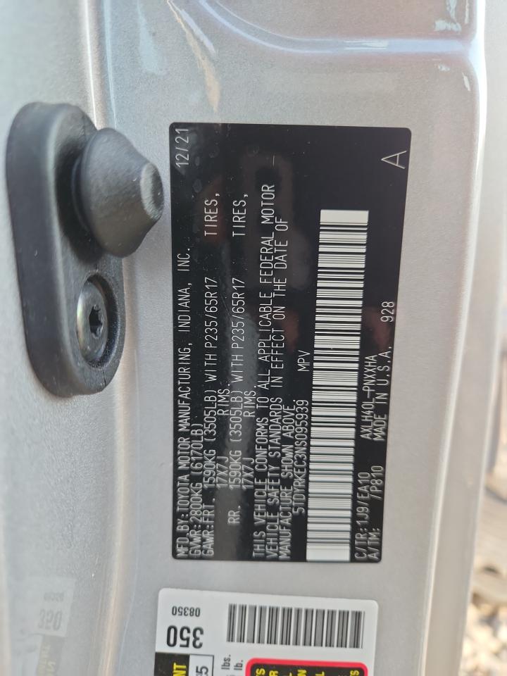 2022 Toyota Sienna Xle VIN: 5TDYRKEC3NS095939 Lot: 84725135