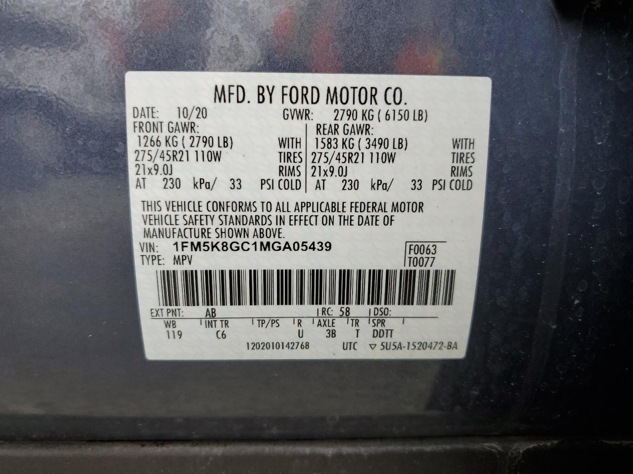 2021 Ford Explorer St VIN: 1FM5K8GC1MGA05439 Lot: 89538395