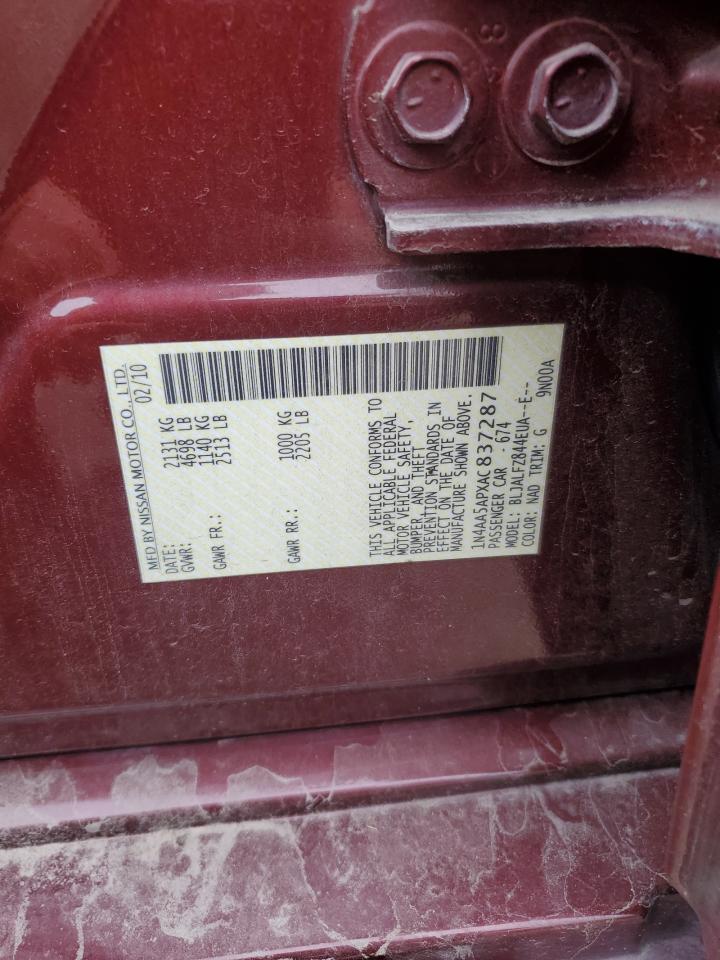 2010 Nissan Maxima S VIN: 1N4AA5APXAC837287 Lot: 90063635