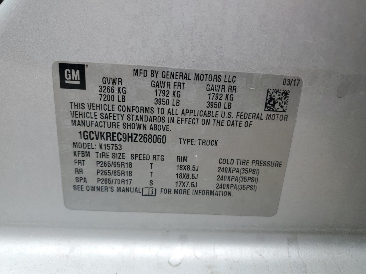 2017 Chevrolet Silverado K1500 Lt VIN: 1GCVKREC9HZ268060 Lot: 80149555
