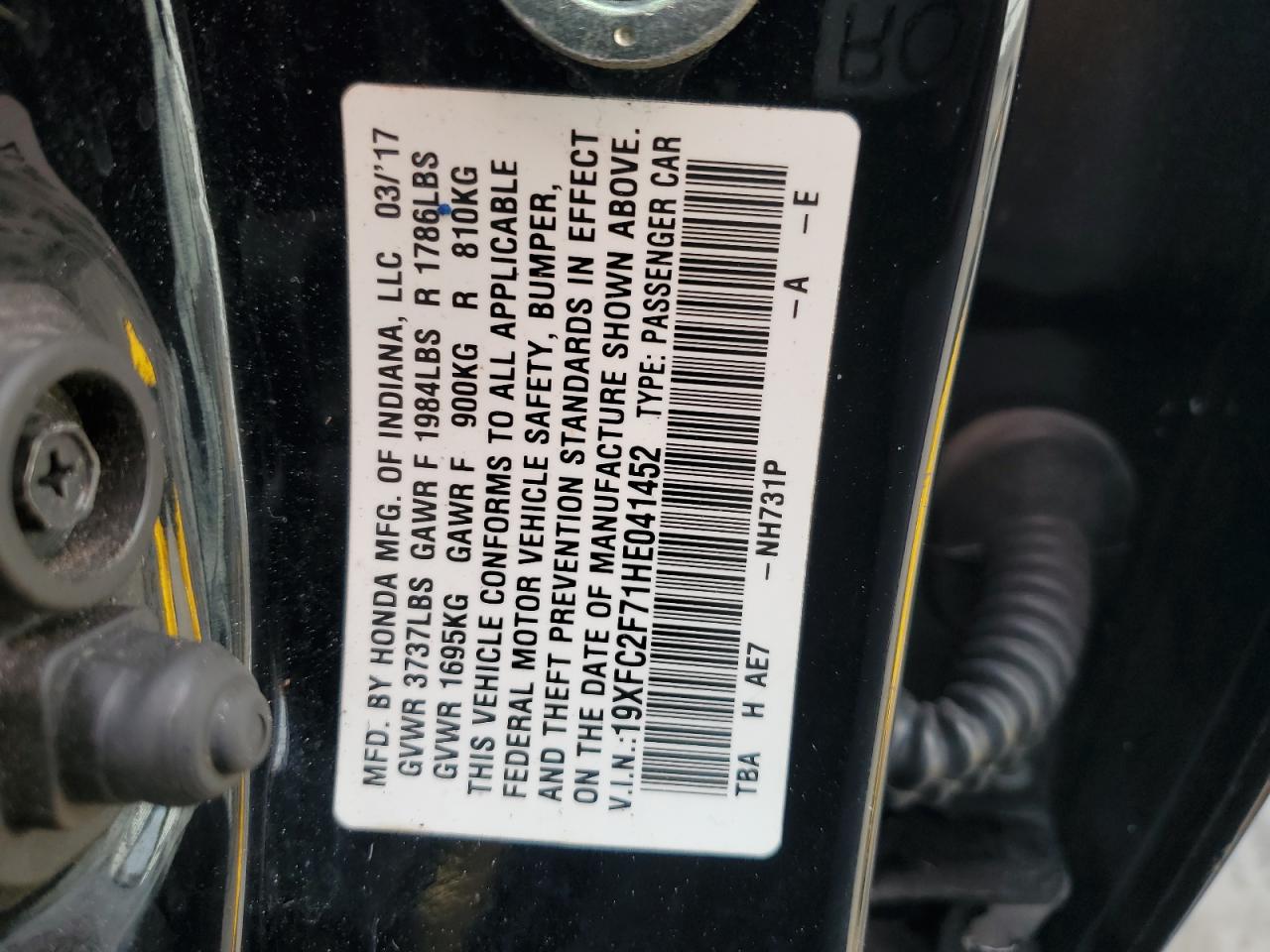 2017 Honda Civic Ex VIN: 19XFC2F71HE041452 Lot: 90611475