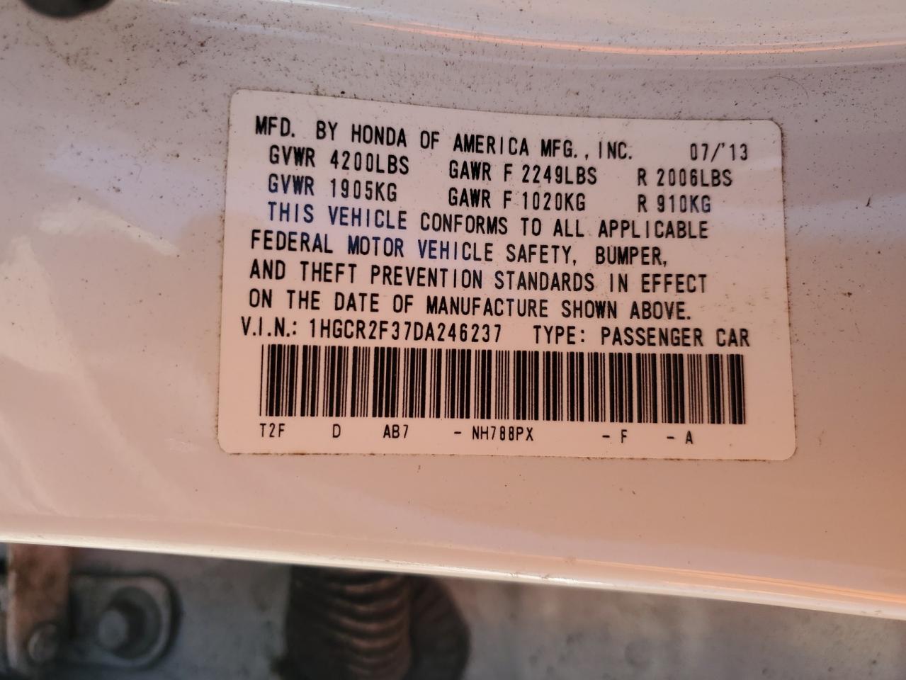 2013 Honda Accord Lx VIN: 1HGCR2F37DA246237 Lot: 82390175