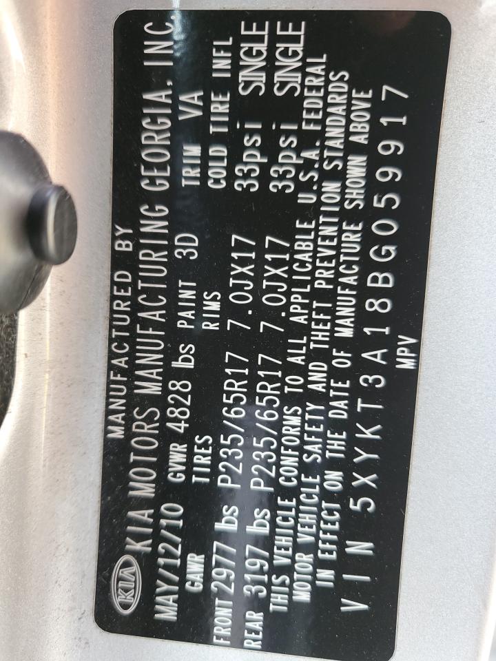 2011 Kia Sorento Base VIN: 5XYKT3A18BG059917 Lot: 85105905