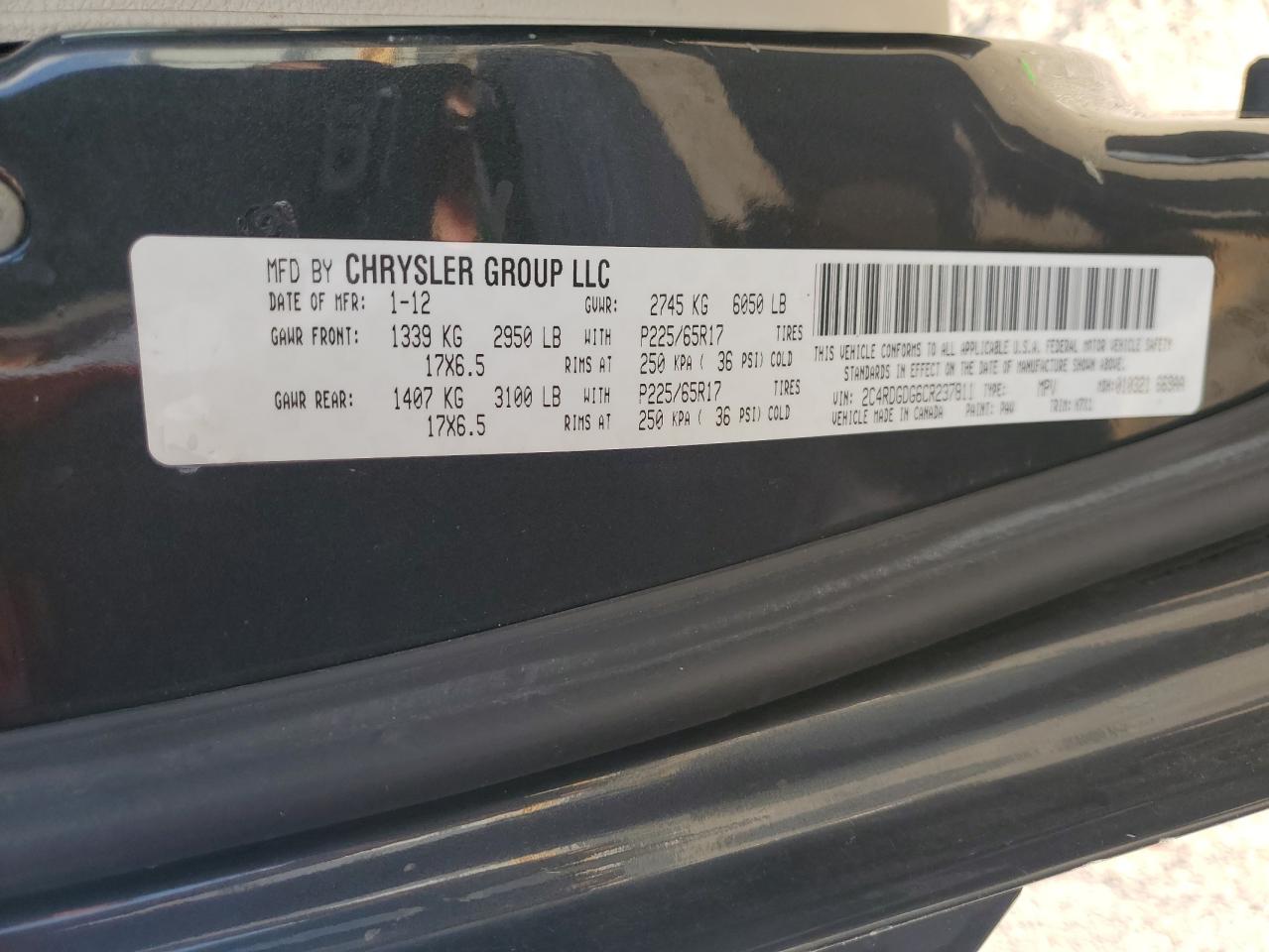 2012 Dodge Grand Caravan Crew VIN: 2C4RDGDG6CR237811 Lot: 86297485