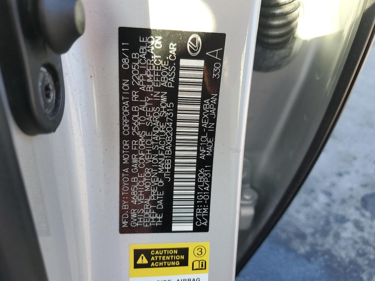 2011 Lexus Hs 250H VIN: JTHBB1BAXB2047315 Lot: 86470255