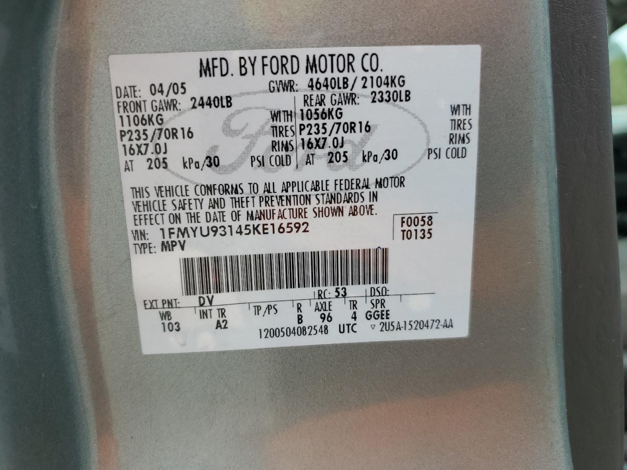 2005 Ford Escape Xlt VIN: 1FMYU93145KE16592 Lot: 85693855