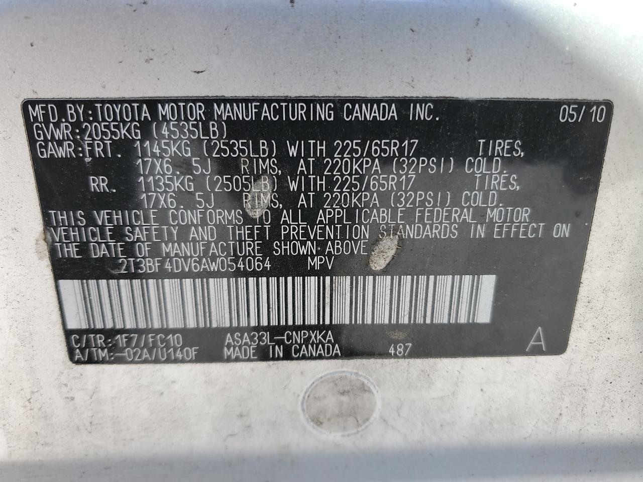 2010 Toyota Rav4 VIN: 2T3BF4DV6AW054064 Lot: 86695555