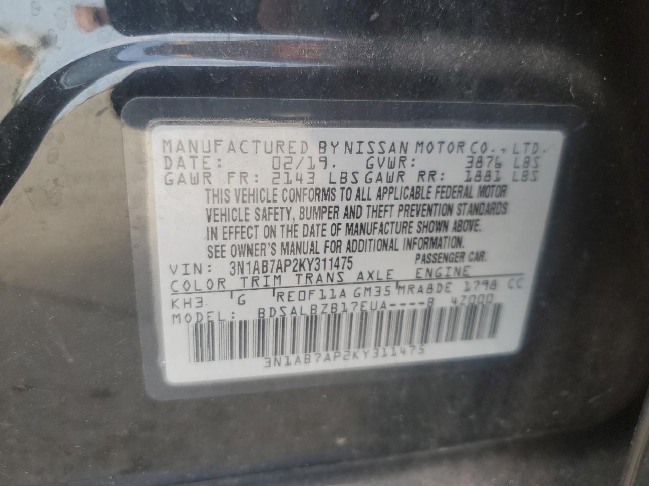 2019 Nissan Sentra S VIN: 3N1AB7AP2KY311475 Lot: 84055755