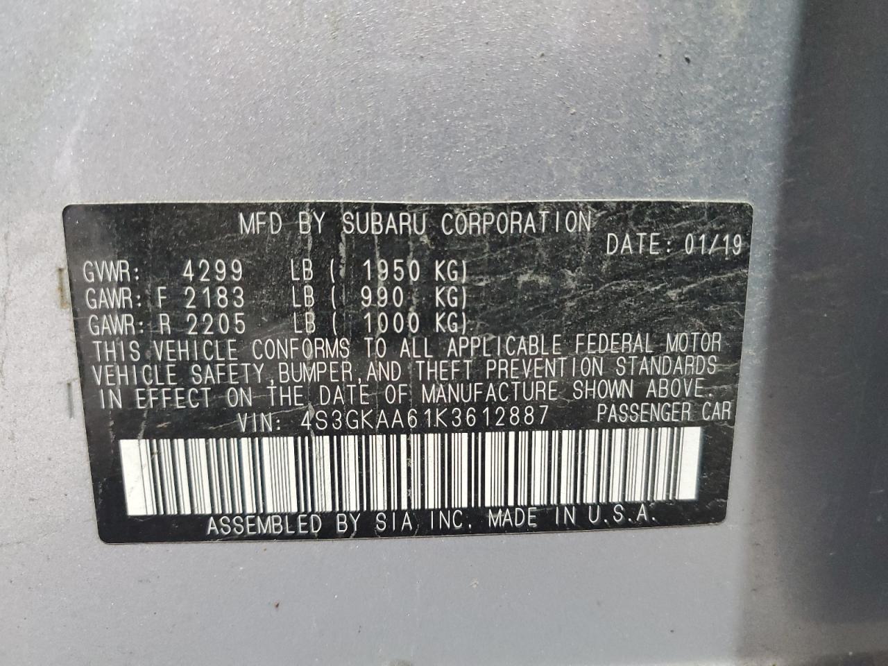 2019 Subaru Impreza VIN: 4S3GKAA61K3612887 Lot: 85279295