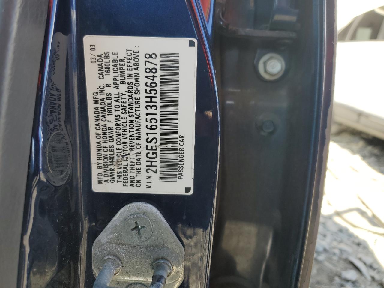 2003 Honda Civic Lx VIN: 2HGES16513H564878 Lot: 85674445