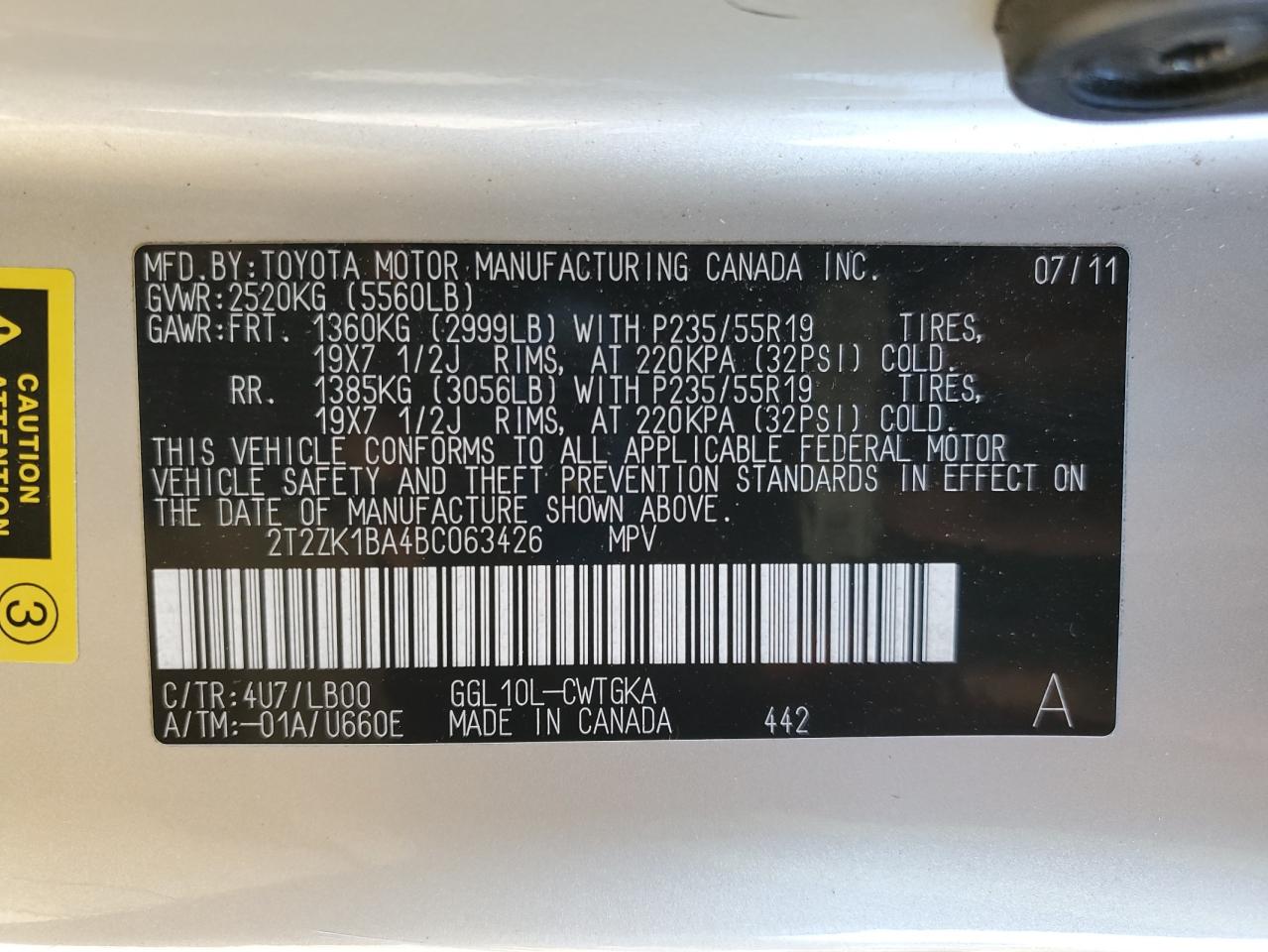 2011 Lexus Rx 350 VIN: 2T2ZK1BA4BC063426 Lot: 87107305