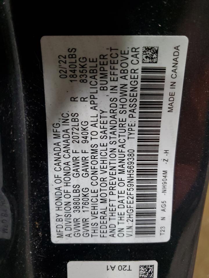 2022 Honda Civic Sport VIN: 2HGFE2F59NH569380 Lot: 85732025