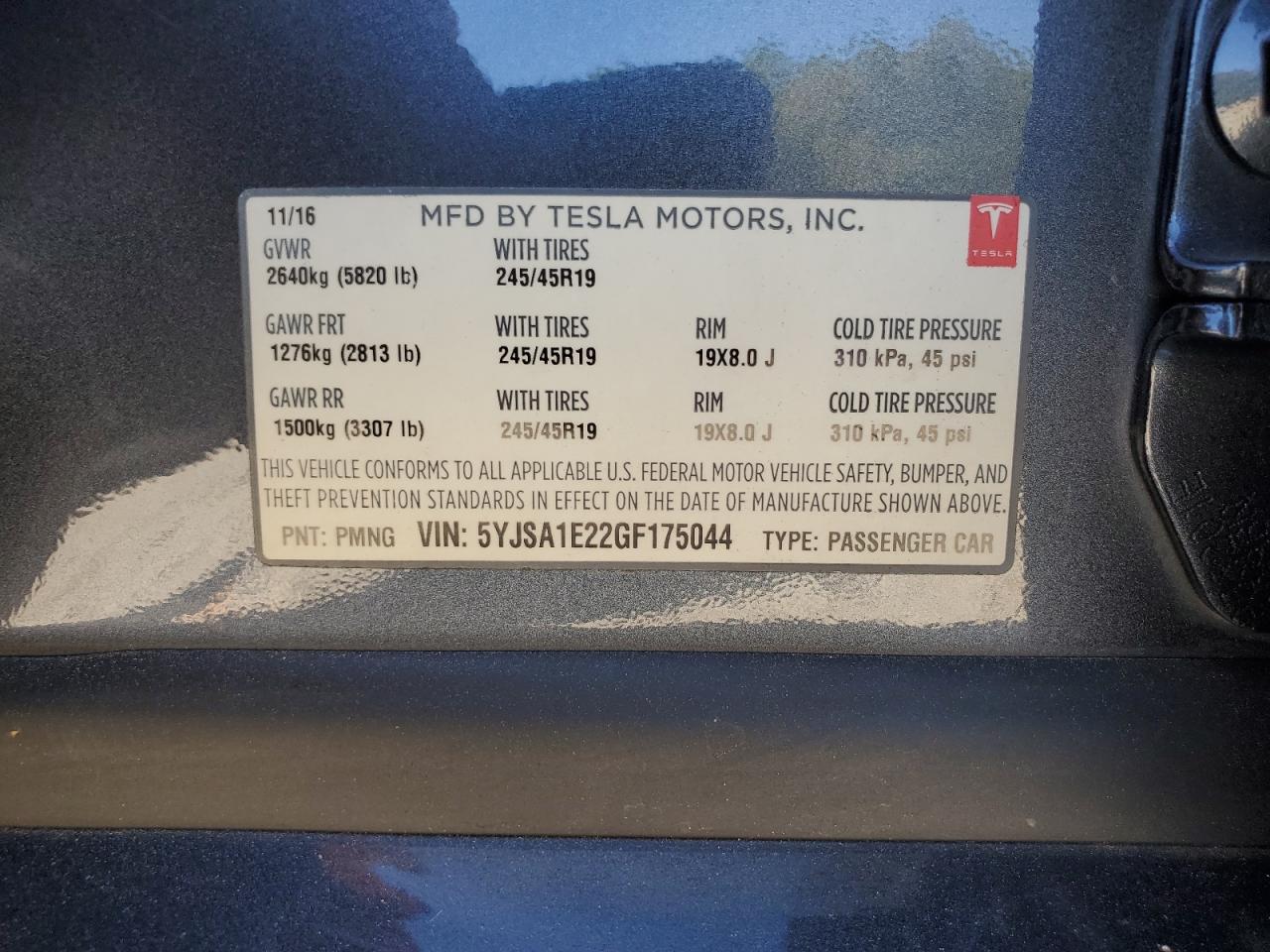 2016 Tesla Model S VIN: 5YJSA1E22GF175044 Lot: 86168565