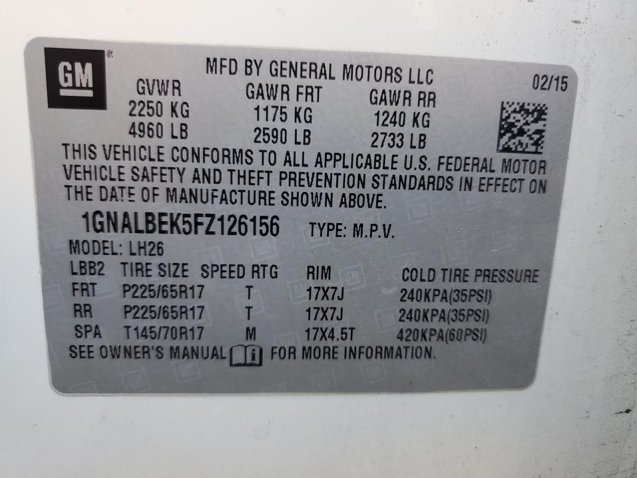 2015 Chevrolet Equinox Lt VIN: 1GNALBEK5FZ126156 Lot: 85278555