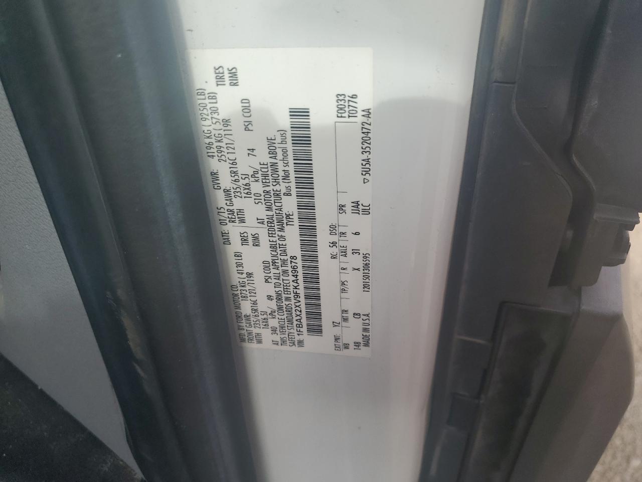 2015 Ford Transit T-350 VIN: 1FBAX2XV9FKA49678 Lot: 85876765