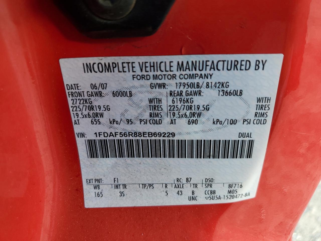 2008 Ford F550 Super Duty VIN: 1FDAF56R88EB69229 Lot: 82111575