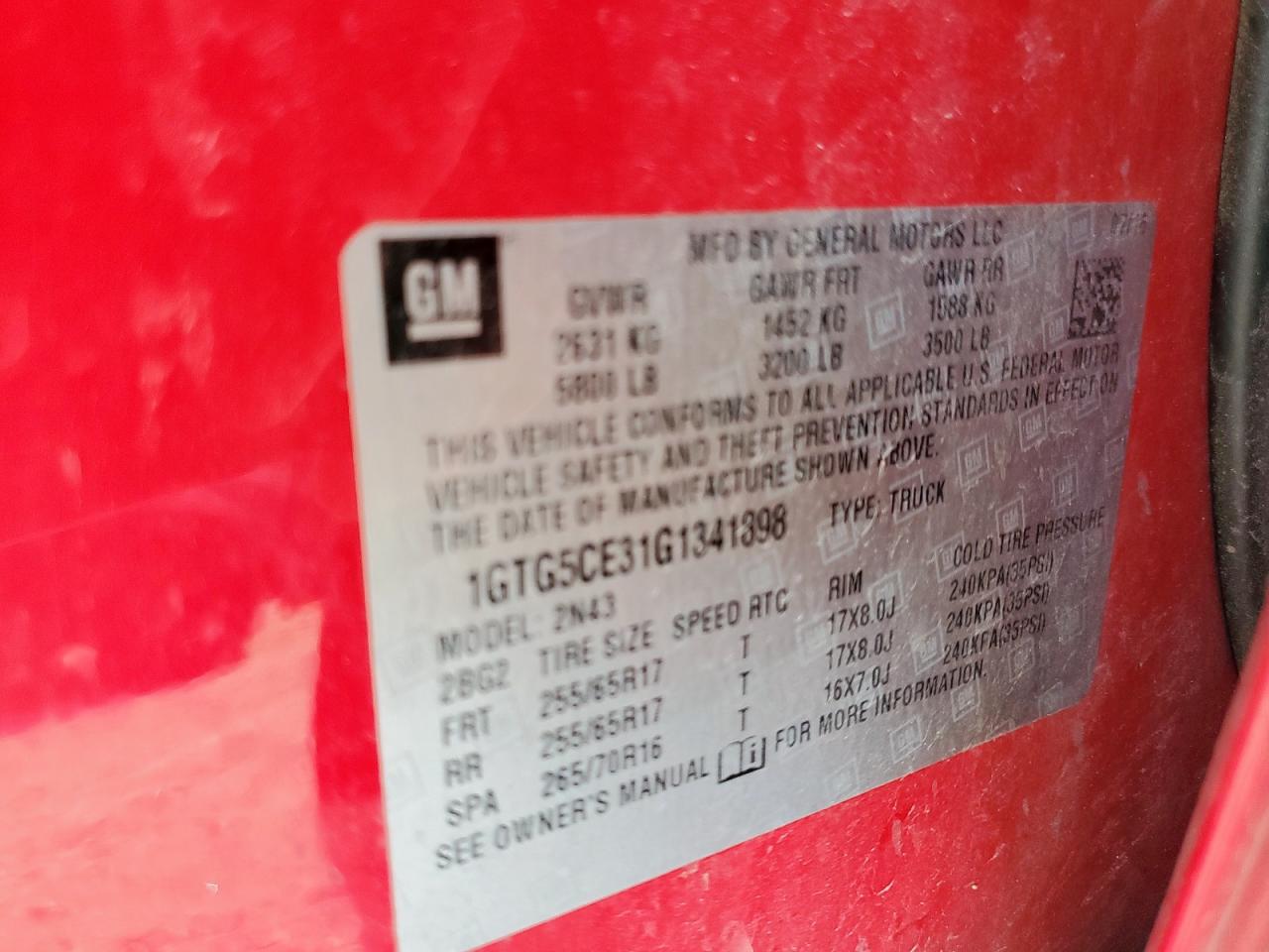 2016 GMC Canyon Sle VIN: 1GTG5CE31G1341898 Lot: 82342475