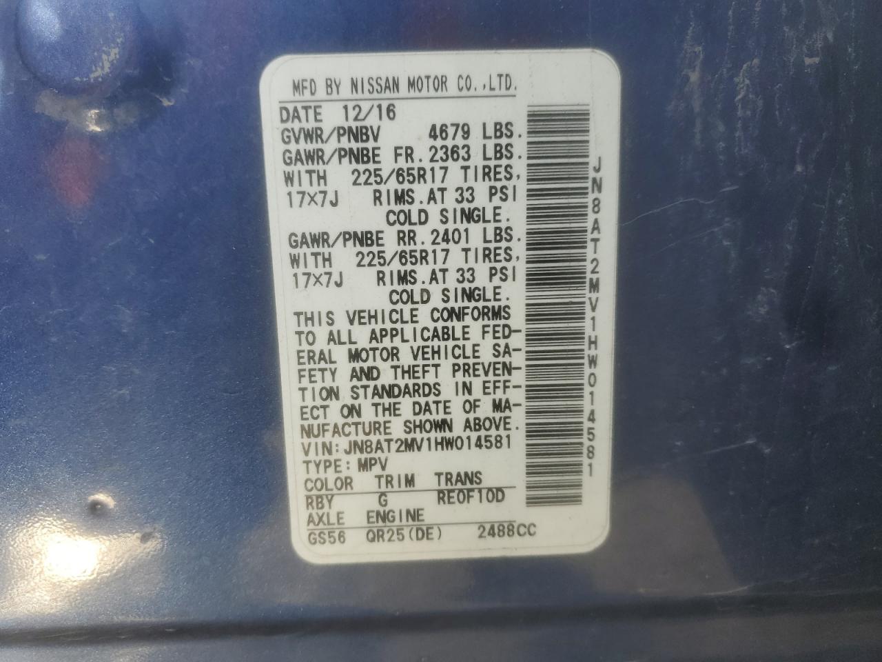 2017 Nissan Rogue S VIN: JN8AT2MV1HW014581 Lot: 82422865