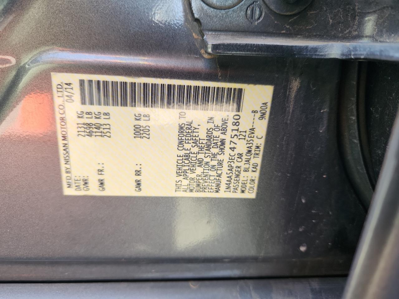 2014 Nissan Maxima S VIN: 1N4AA5AP3EC475180 Lot: 90936925