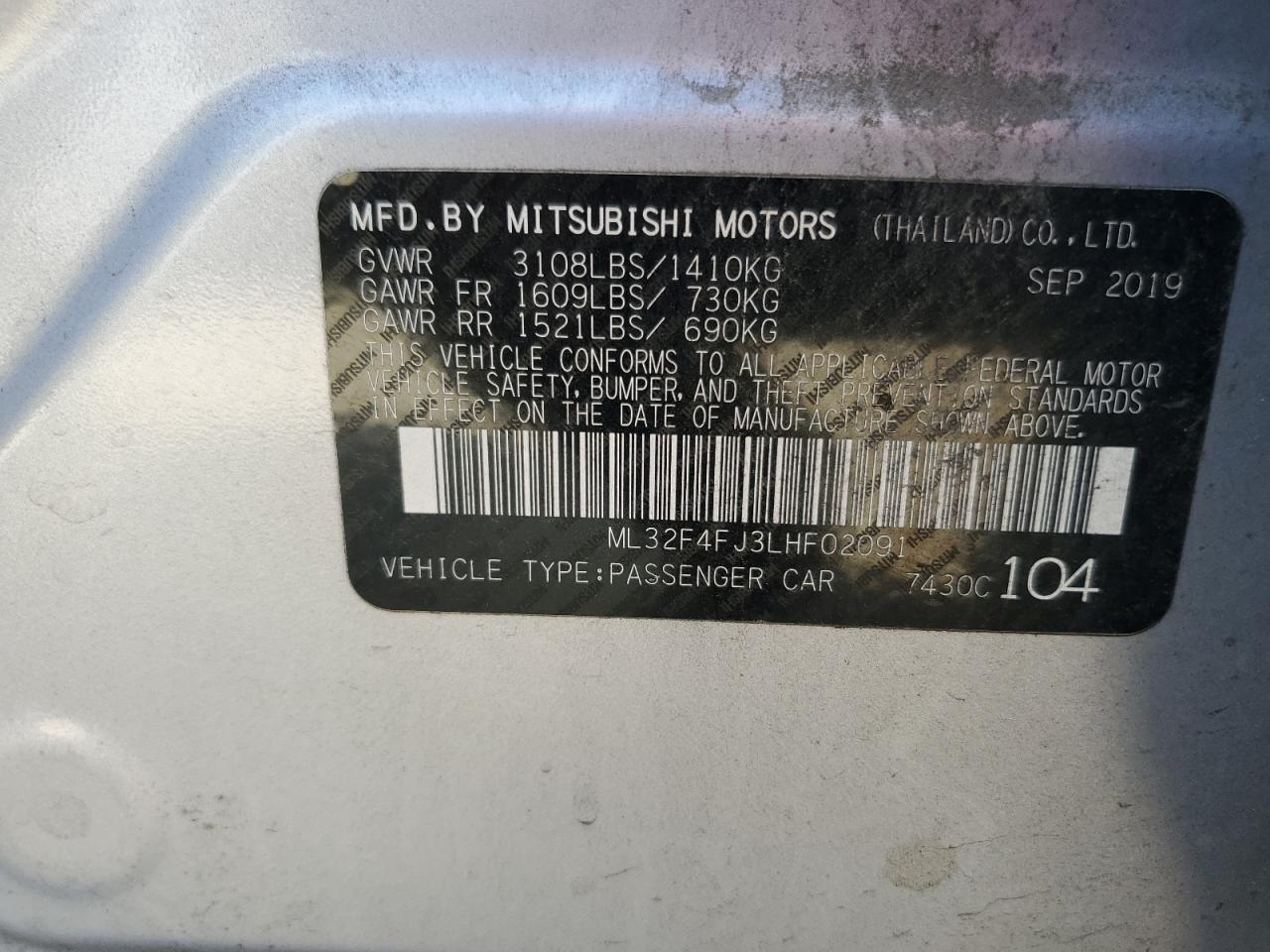 2020 Mitsubishi Mirage G4 Se VIN: ML32F4FJ3LHF02091 Lot: 84973185