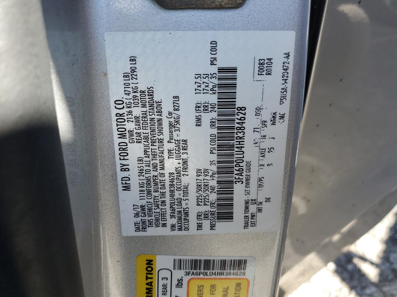 2017 Ford Fusion Se Hybrid VIN: 3FA6P0LU4HR384628 Lot: 84861585