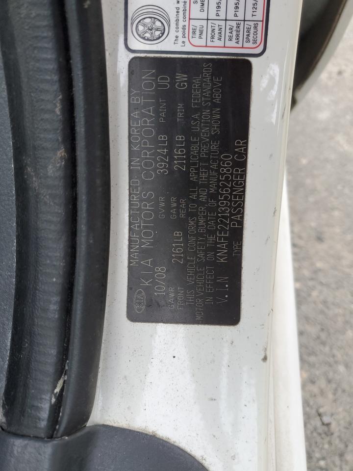 2009 Kia Spectra Ex VIN: KNAFE221395625860 Lot: 86244585