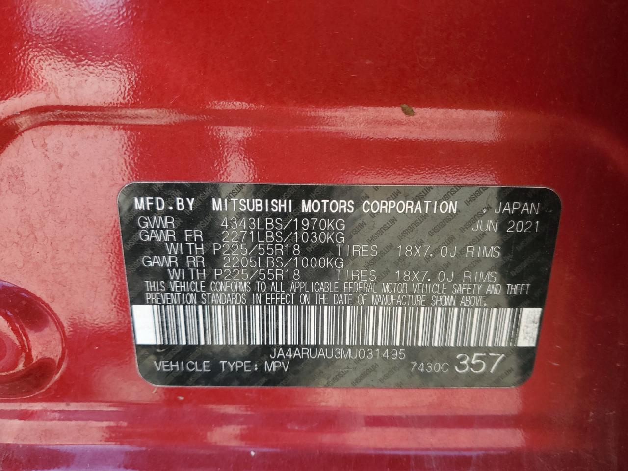 2021 Mitsubishi Outlander Sport Es VIN: JA4ARUAU3MU031495 Lot: 90061925