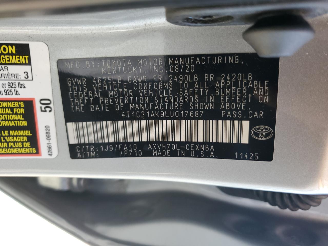 2020 Toyota Camry Le VIN: 4T1C31AK9LU017687 Lot: 82233015