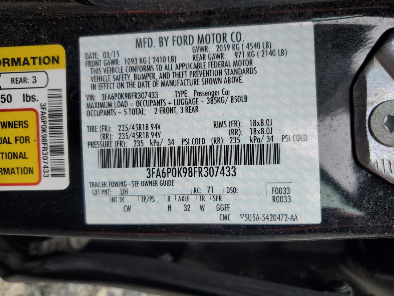 2015 Ford Fusion Titanium VIN: 3FA6P0K98FR307433 Lot: 90073315