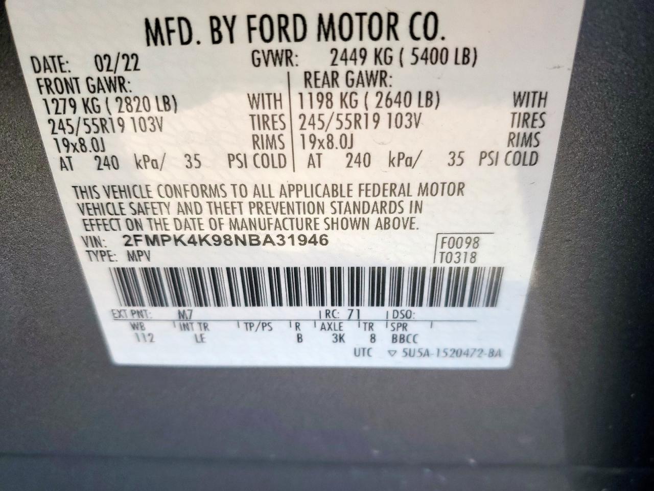 2022 Ford Edge Titanium VIN: 2FMPK4K98NBA31946 Lot: 90779165