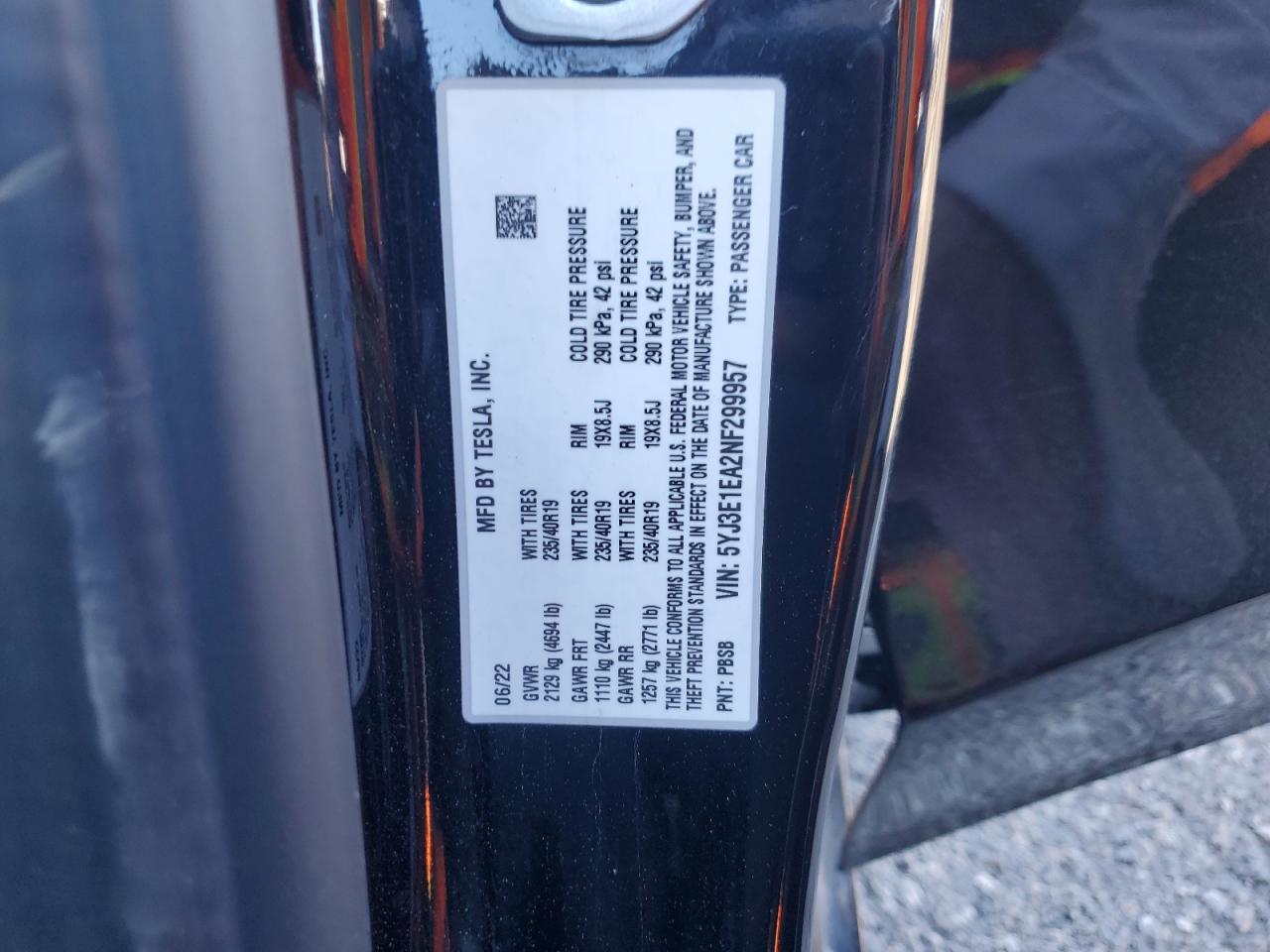 2022 Tesla Model 3 VIN: 5YJ3E1EA2NF299957 Lot: 90681105