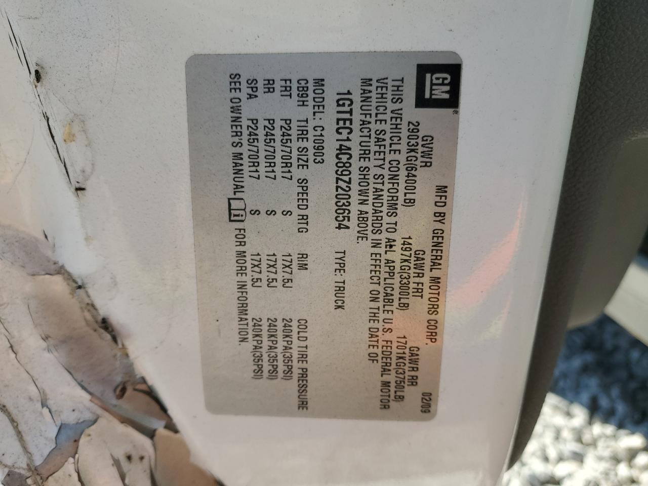 2009 GMC Sierra C1500 VIN: 1GTEC14C89Z203654 Lot: 86087825