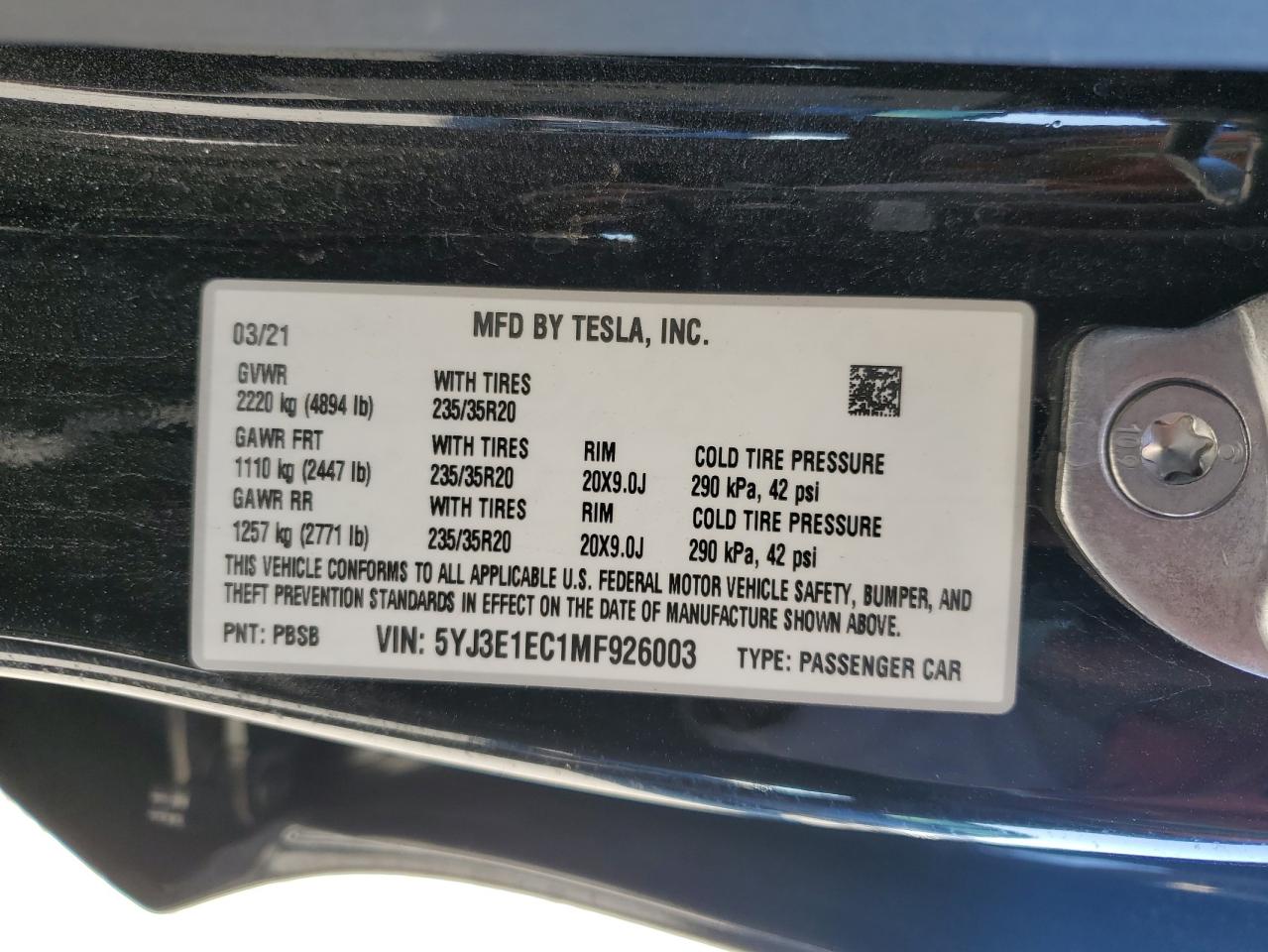 2021 Tesla Model 3 VIN: 5YJ3E1EC1MF926003 Lot: 81991605