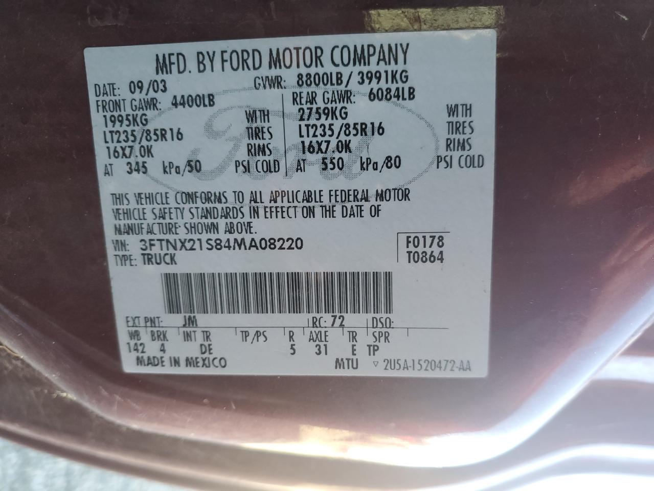 2004 Ford F250 Super Duty VIN: 3FTNX21S84MA08220 Lot: 82235975