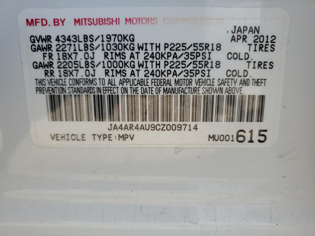 2012 Mitsubishi Outlander Sport Se VIN: JA4AR4AU9CZ009714 Lot: 84808255