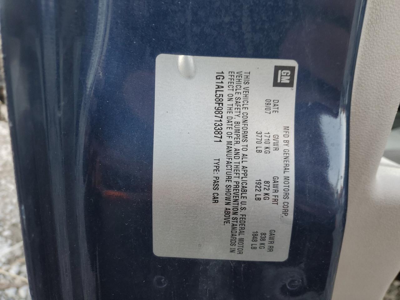 2008 Chevrolet Cobalt Lt VIN: 1G1AL58F987133871 Lot: 82672825